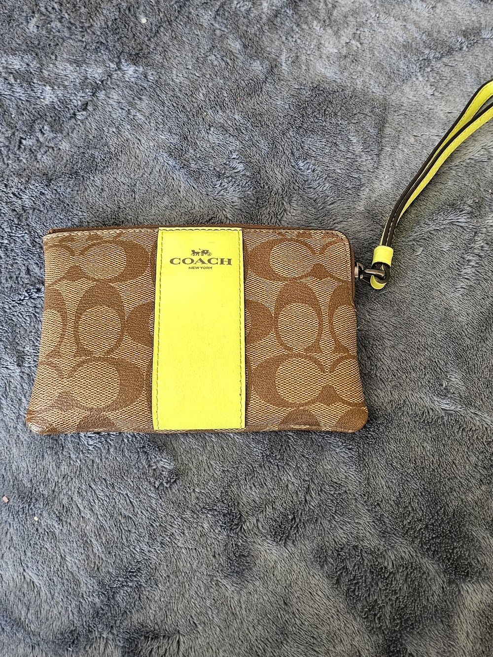 Coach Brown Canvas Wristlet with Yellow Stripe